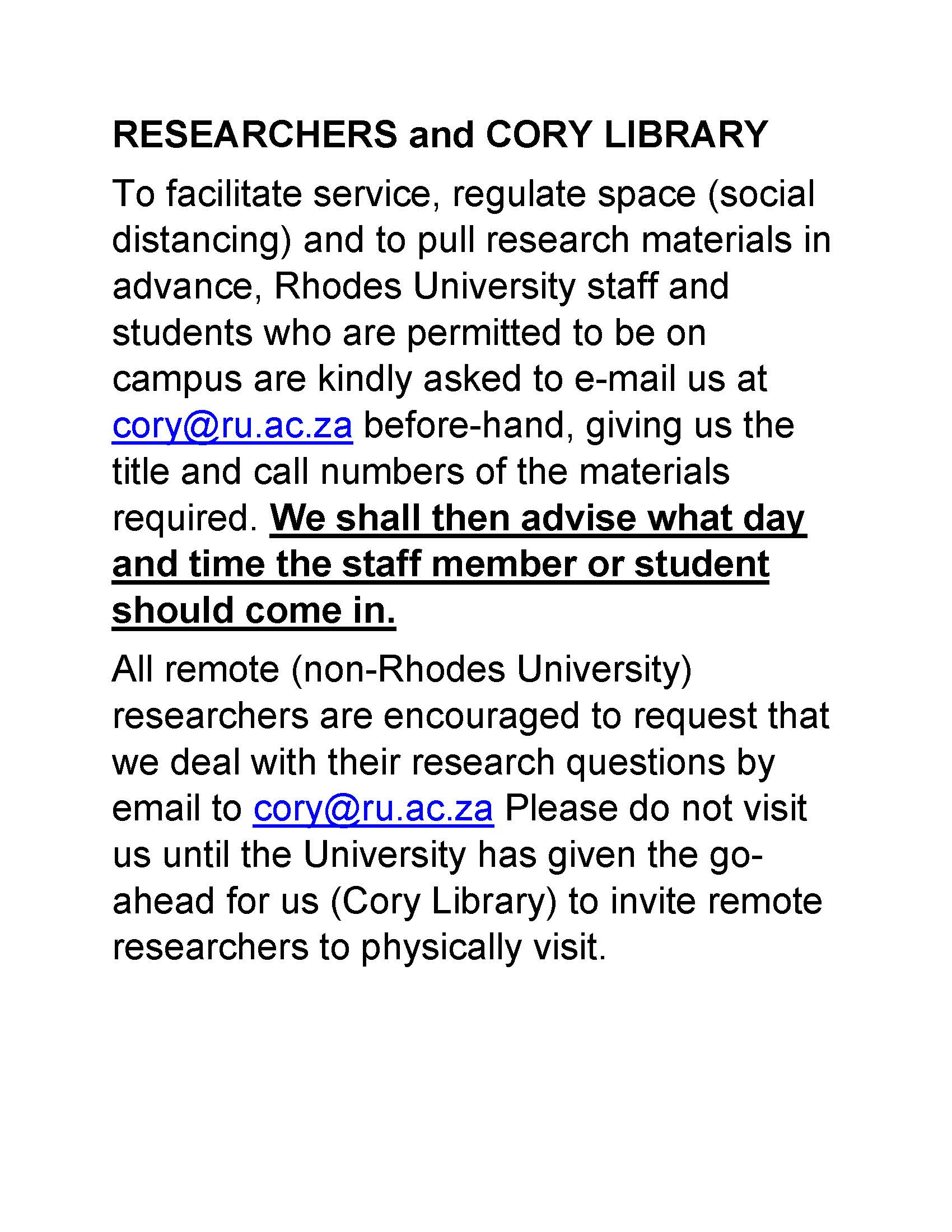 Cory Library notice to researchers
